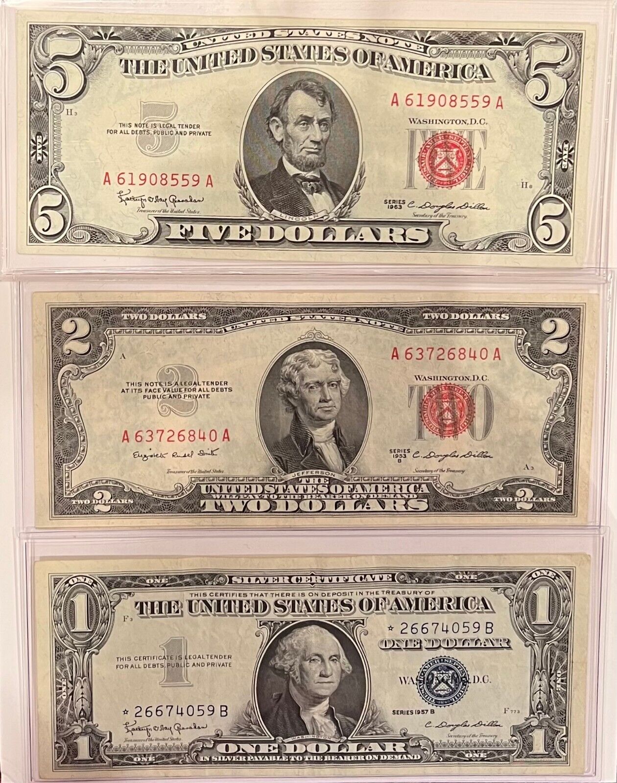 Lot Of Three Mixed Small Note Currency Collection $1, $2, $5