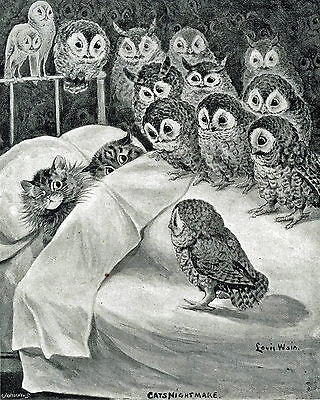 Louis Wain Cat Nightmare Owl Bird Painting 8x10 Real Canvas Giclee Art Print