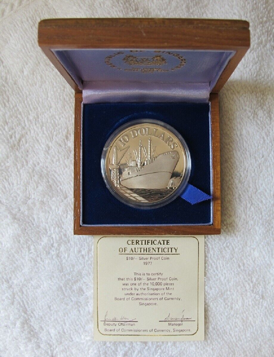#17: 1977 Singapore Ship $10.00 0.5 F Proof Silver Coin In Orig Box & Coa #08640