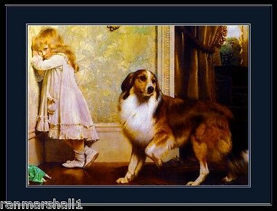 English Picture Print Collie Puppy Dog & Little Girl Vintage Poster Art