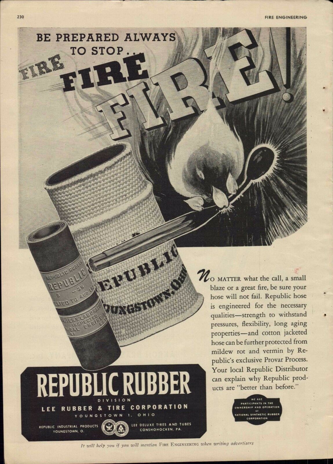 Vtg. 1945 Republic Rubber Blazing Matchstick Fire Hose  Magazine Print Ad