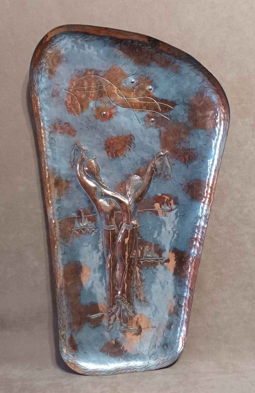 Oppenheim Israel Judaica Copper Art Titled Dance Wall Tray With Tag 1950s
