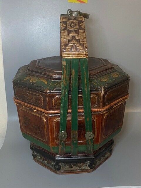 Antique Chinese Painted Wooden Bucket Basket Green Mother Of Pearl Gold