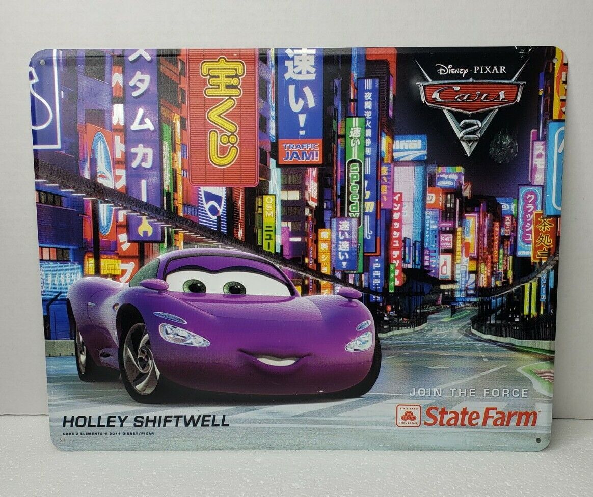 State Farm Disney Cars 2 Metal Embossed Sign Holley Shiftwell 11" X 14” Promo Ad