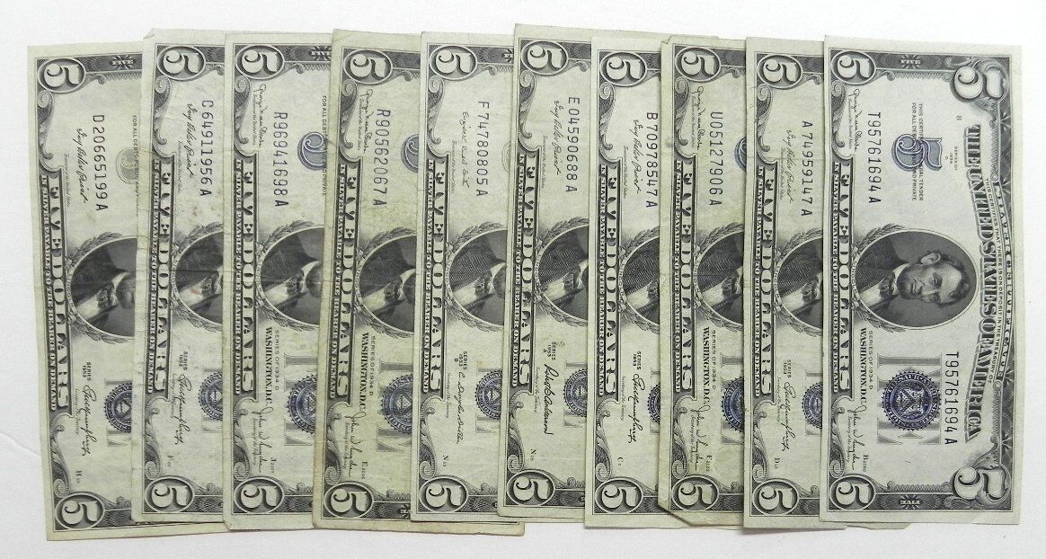 10 Circulated $5 Blue Seal Five Dollar Silver Certificate Notes: 1934 1953