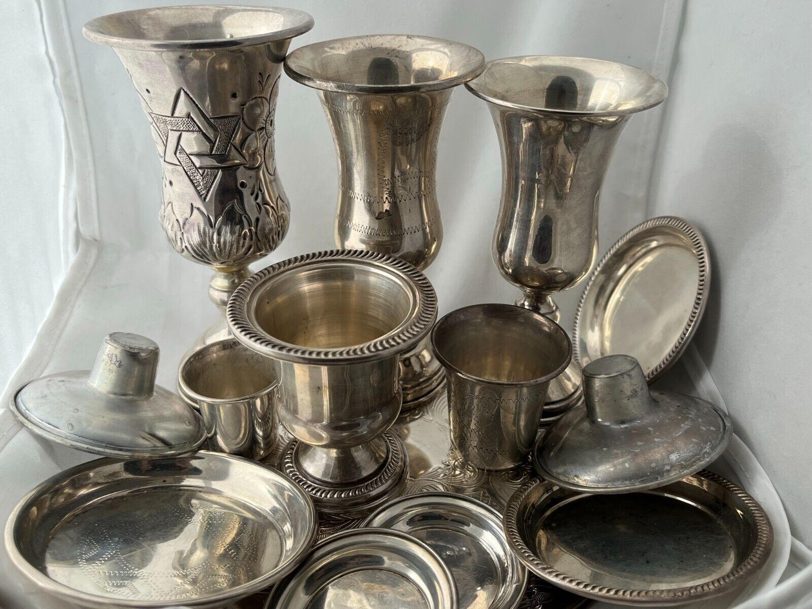 Antique Jewish Kiddish Cup Collection Cups Coasters Lids Ornate Serving Platform