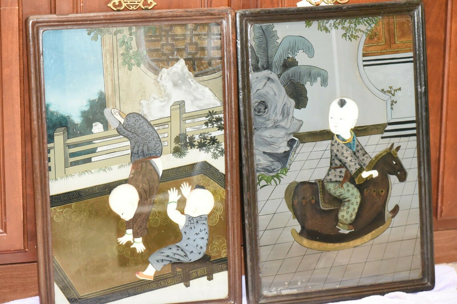 Pair 19 Century Chinese Reverse-painting On Glass, Depicting Children Playing.