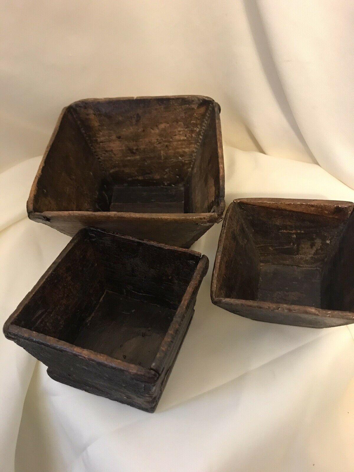 Chinese Wood Rice Measures Rice Bowls - Primitive - Set Of 3