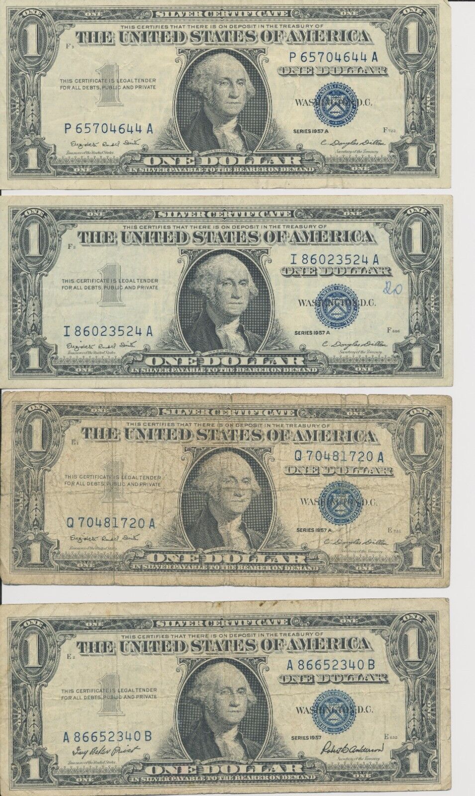 Lot Of Four   $1.00 Silver Certificates Circulated Notes Three 1957 A One 1957.