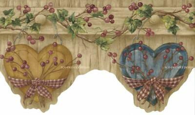 Country Gingham Bow Hearts Berries Ivy Vines Rustic Wood Brown Wallpaper Border
