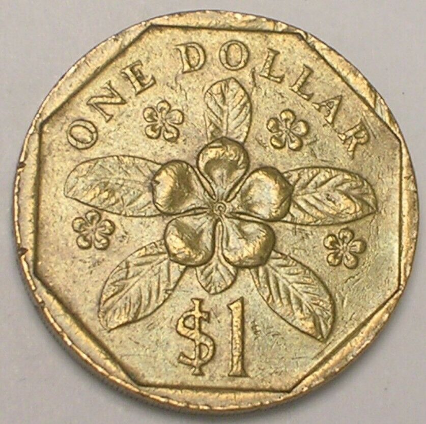 1988 Singapore Singaporean One 1 Dollar Periwinkle Flower Coin Vf