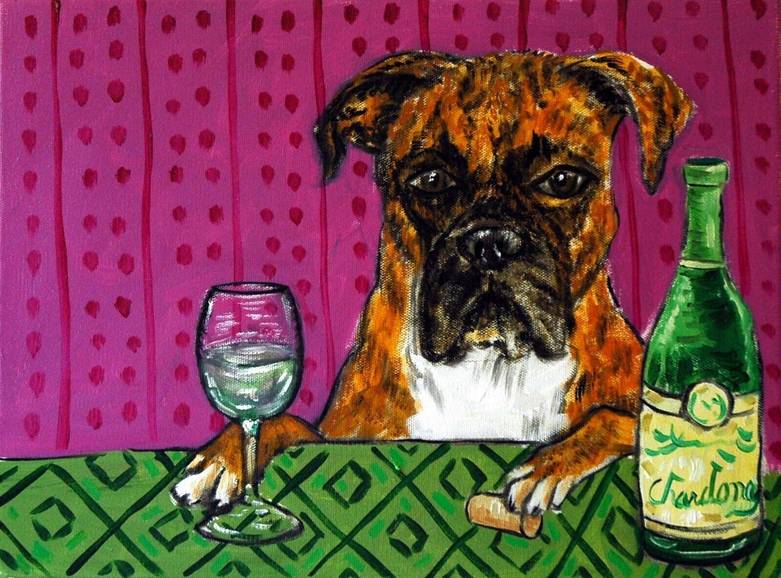 Boxer Dog At The Wine Bar  Dog Art Print 8x10