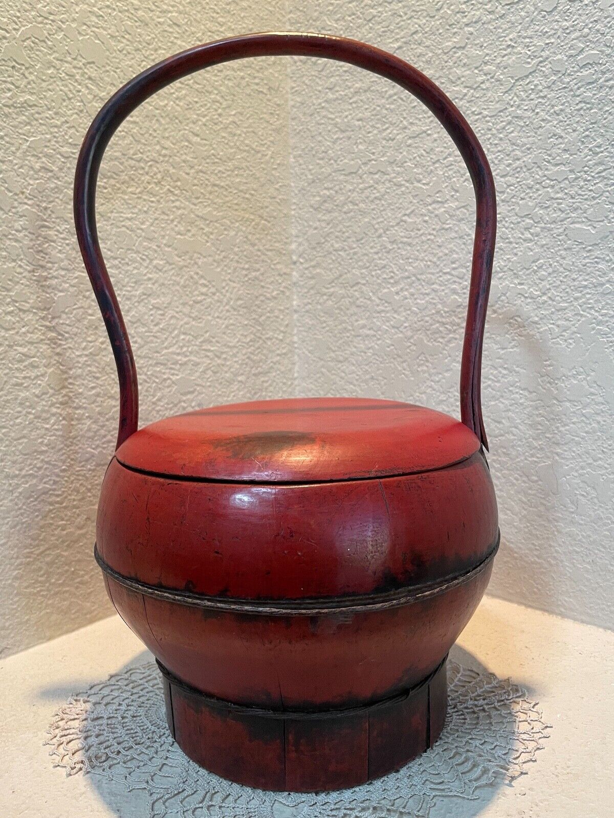 Antique Chinese Wedding Basket Red Painted Wood Bent Wood Handle