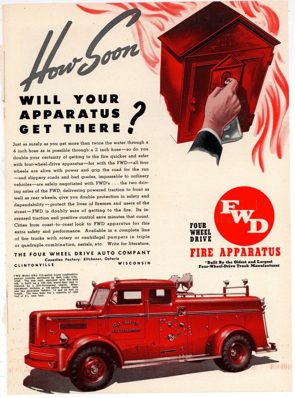 1944 Fwd Four Wheel Drive Trucks Ad: Ksu Model Pumper Salt Lake City Fire Dept.
