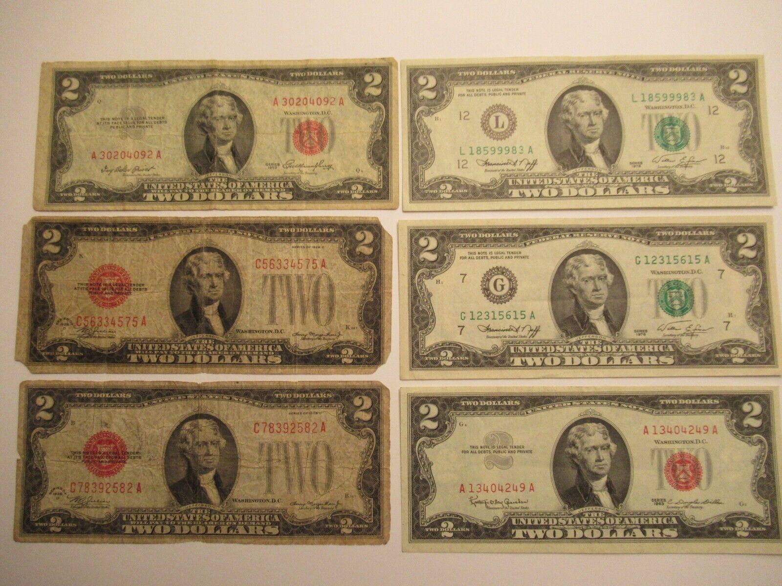 Lot Of 6 $2 Notes Mix Types (us Note, Frn), 2 1928 D, 1953, 1963, 2 1976