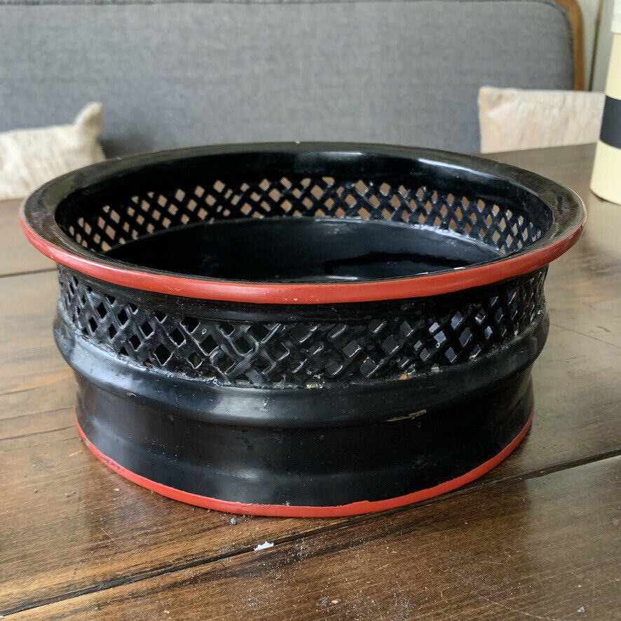 Vintage Chinese Black Lacquered Bamboo Wedding Basket