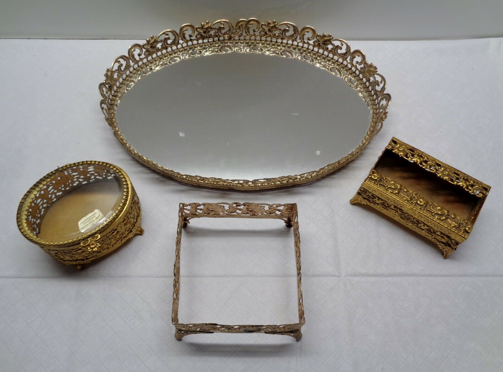 Gold Filigree Metal Dresser Vanity Box Beveled Glass Lid, Mirror Tray Tissue Box