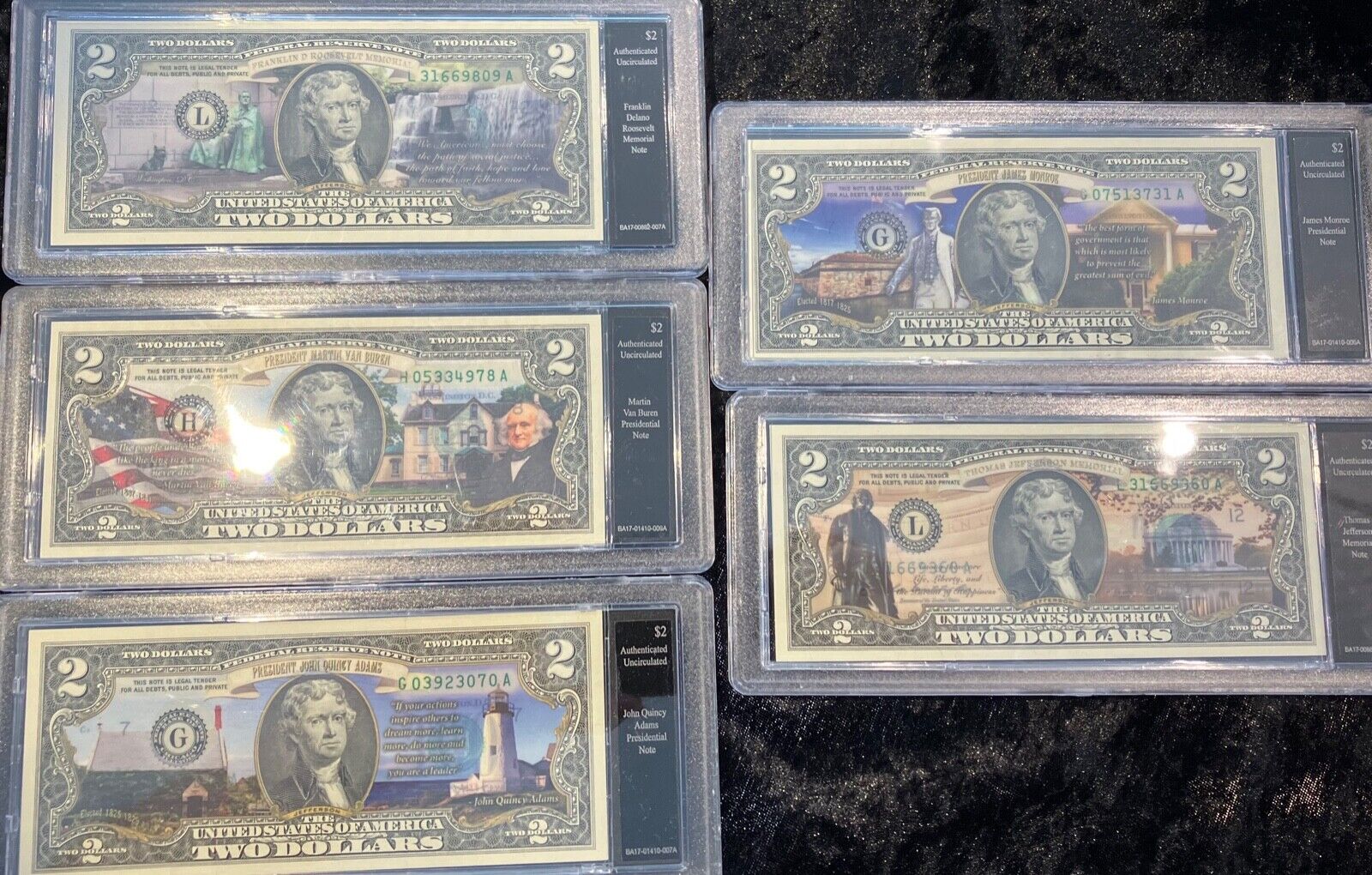 (5)thomas Jefferson Two Dollar  $2 Legal Tender Currency, 5 Different Locations