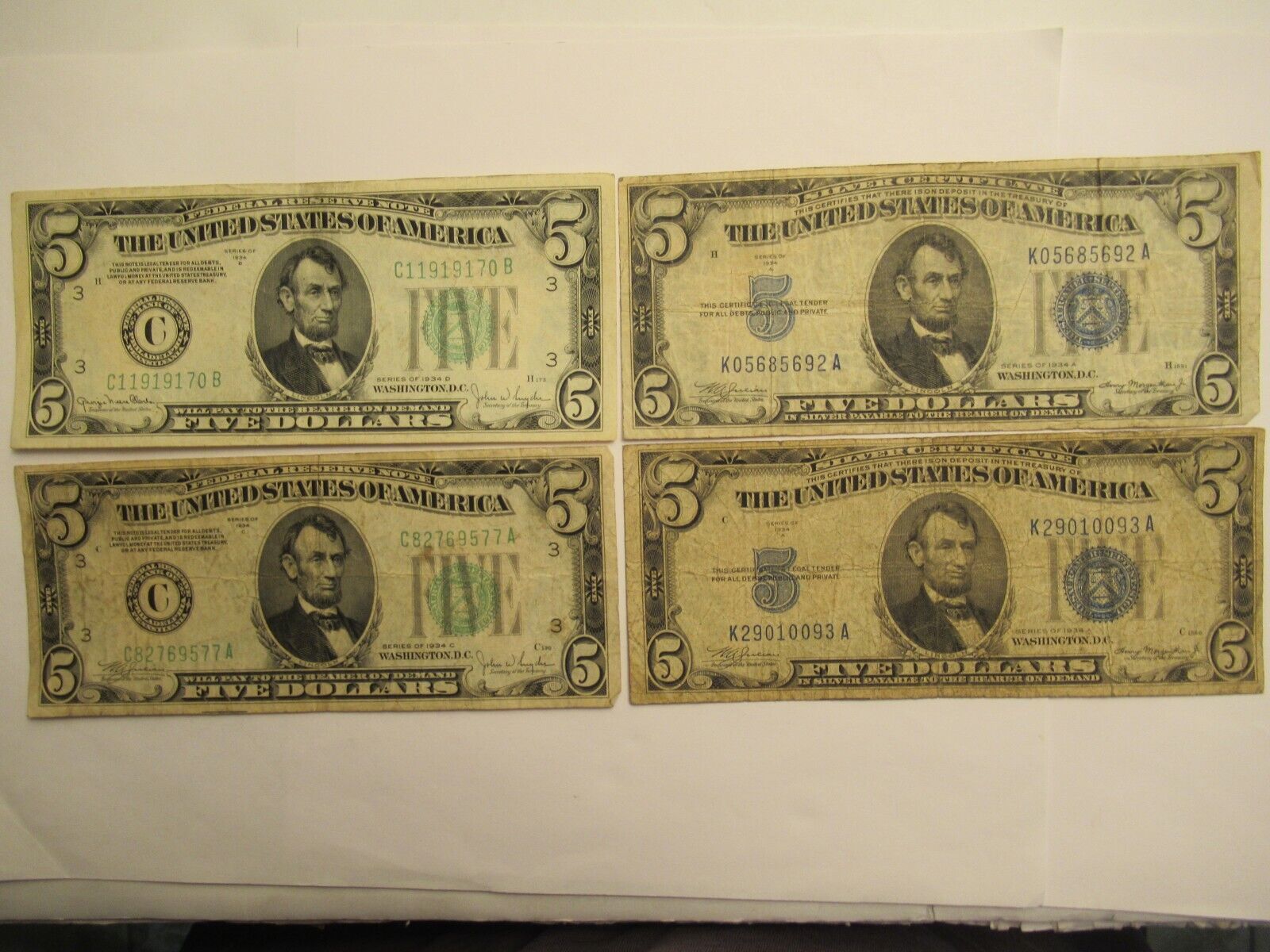 Lot Of 4 $5 Notes, Circ, 2 1934 A Silver Certificates + 1934 C & 1934 D Frn