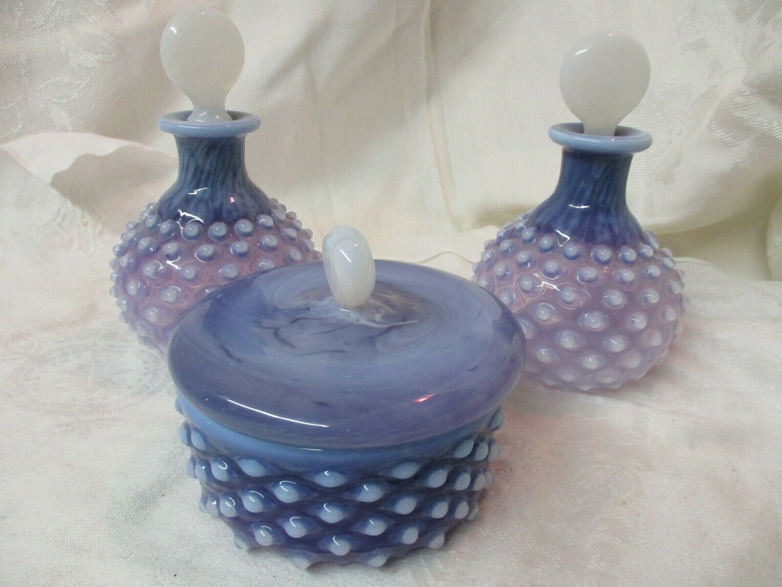 Vtg Czechoslovakia Set 2 Perfume Bottles Powder Jar Purple Blue White Hobnail