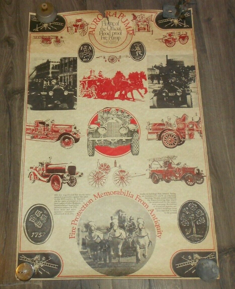 Aurora Pump Vintage Fire Engine Poster Measures 34"x22" In Good Shape New