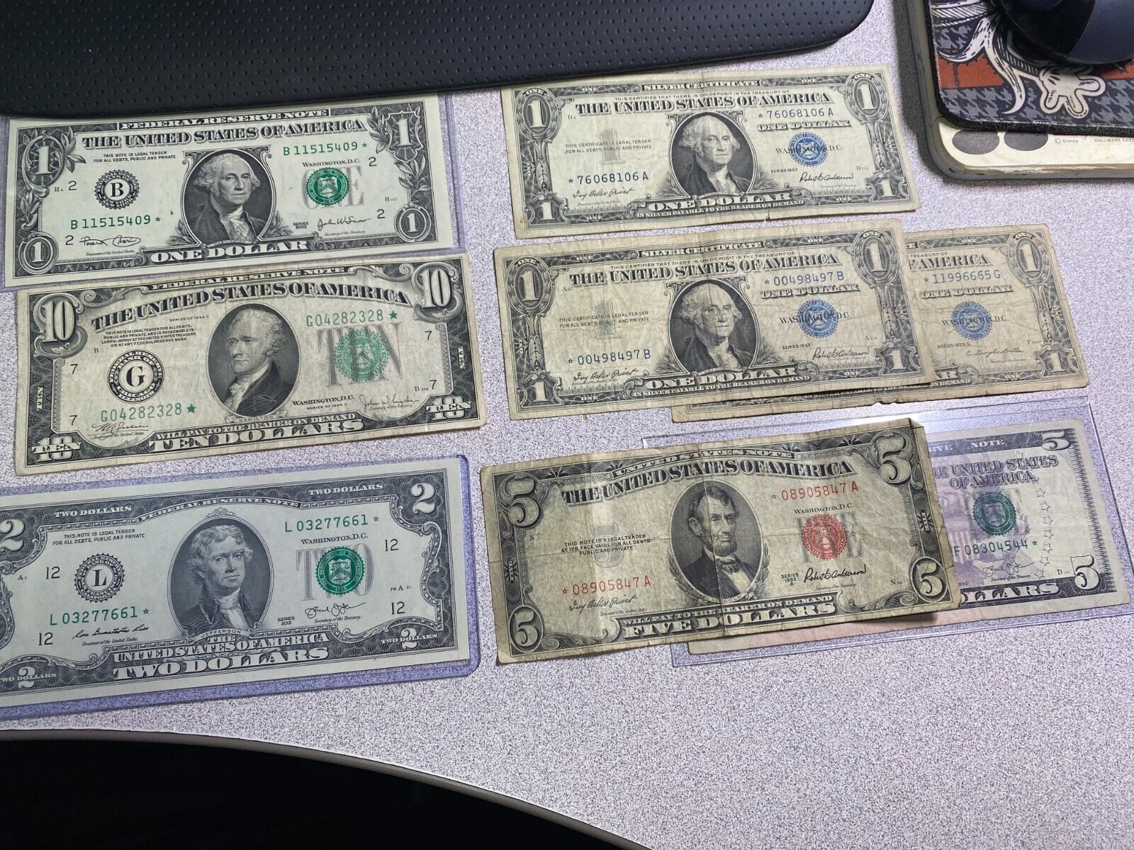 Star Notes Collection 8 Bills Total $1 $2 $5 $10 Silver Certificates Red Seal