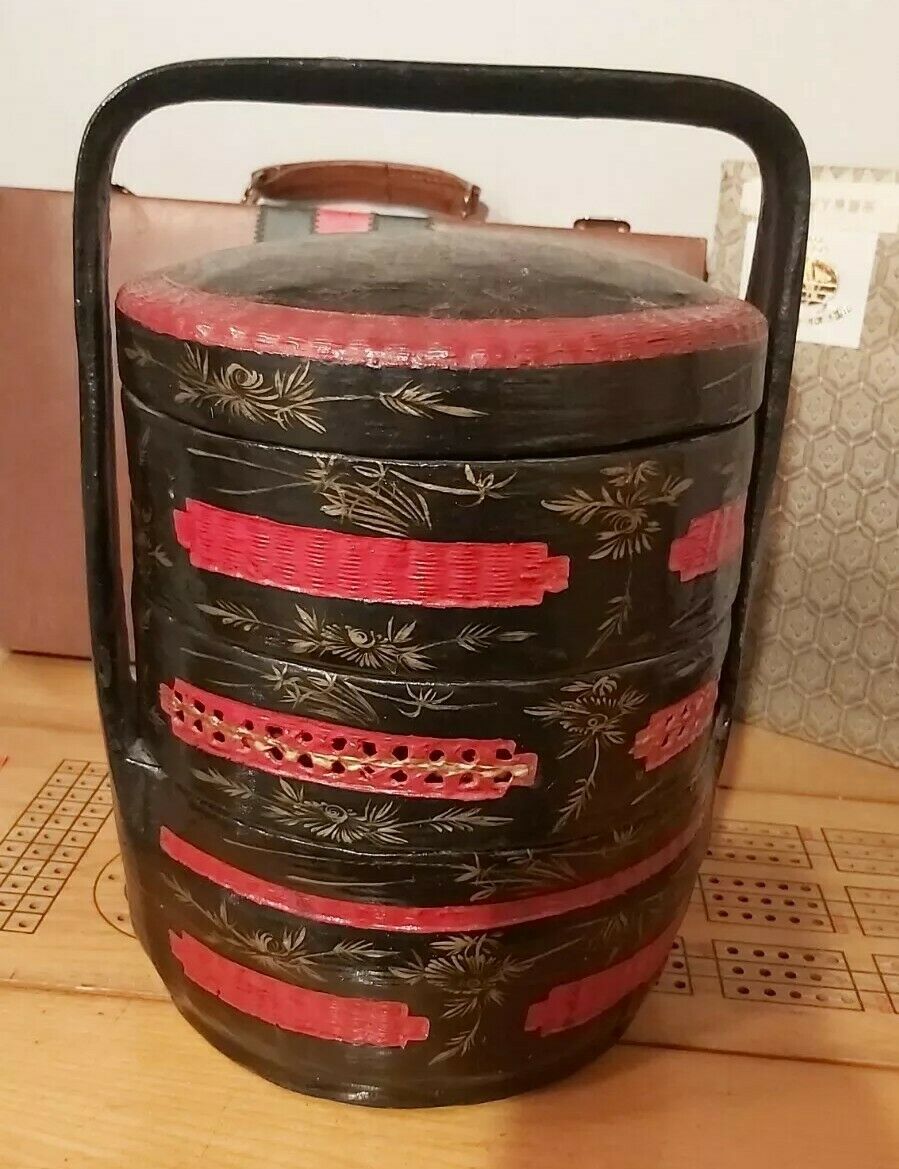 Antique Wooden Chinese Stacking Wedding Basket Black & Red W/ Gold Painted 32cm.