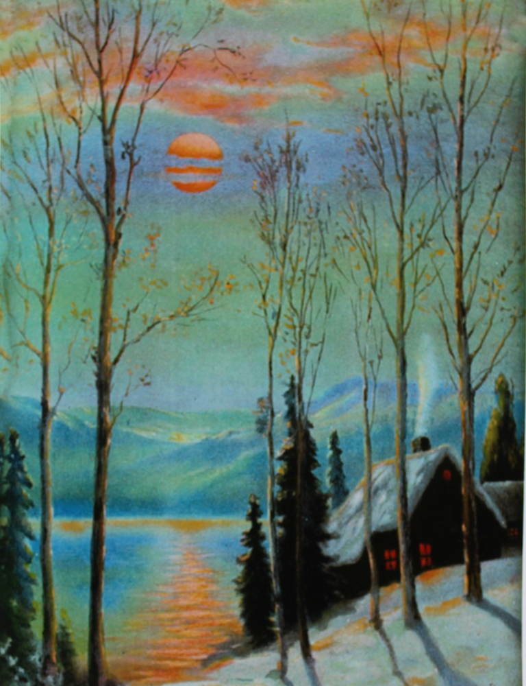 Colorful Scenic Cabin Snow Lake Moon Scene By R Atkinson Fox