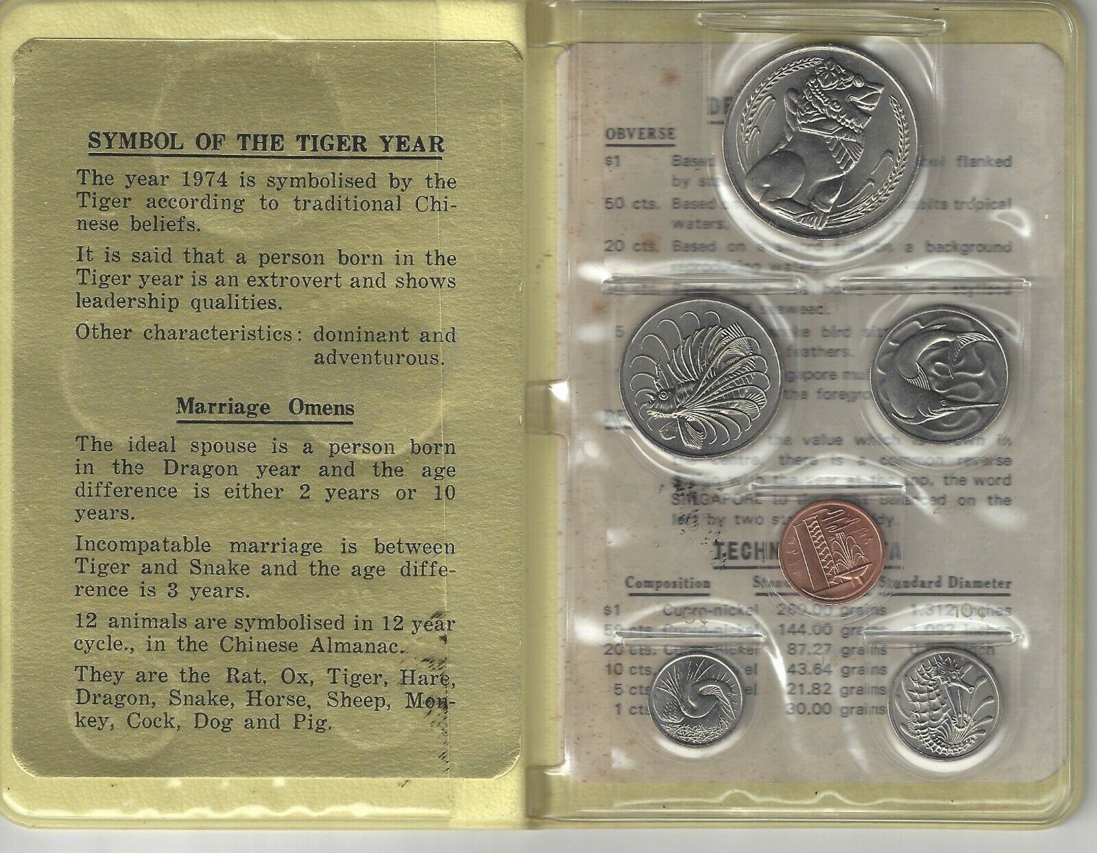 Singapore 1974 Year Of The Tiger Mint Unc Set.20,000 Mintage Mkt Value $40.00