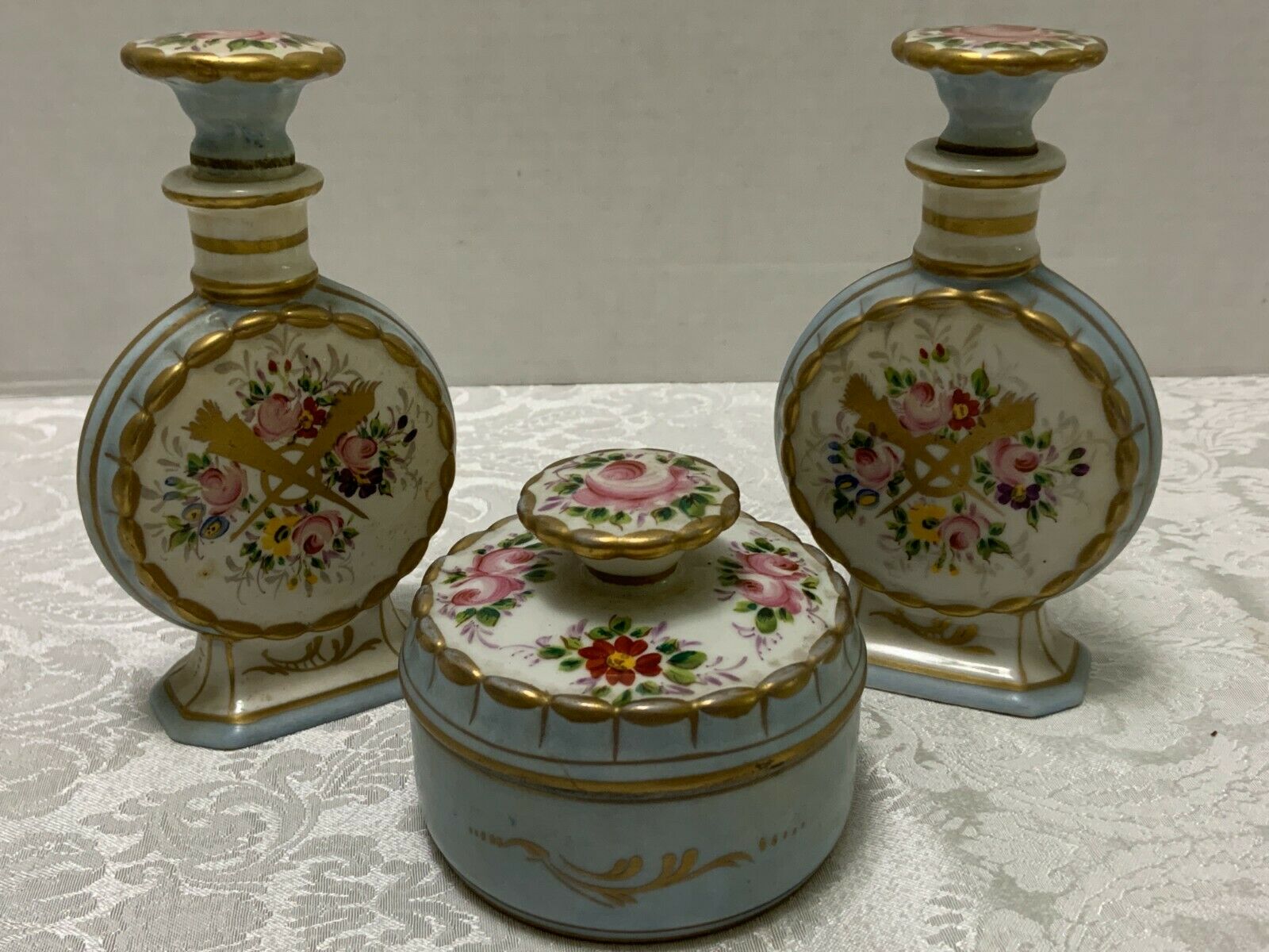 French Porcelain Vanity Set Vintage Hand Pntd 2 Scent Bottles Powder Box Floral