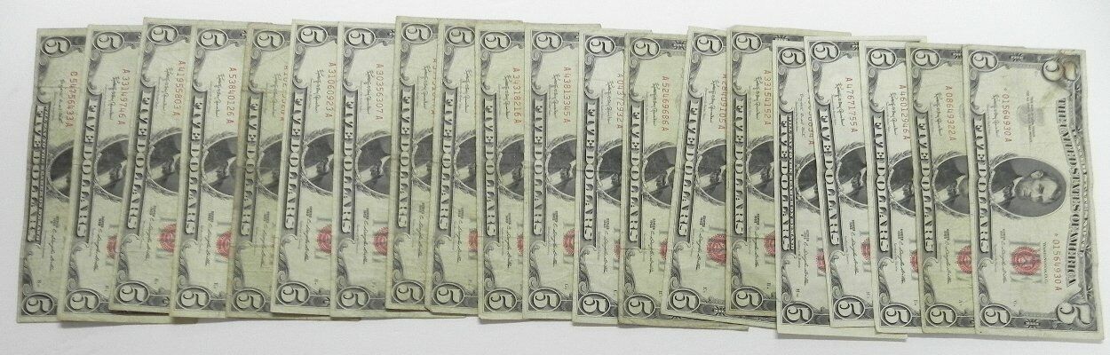 20 Circulated $5 Red Seal Five Dollar Legal Tender Notes: 1953 1963 W/1 Star