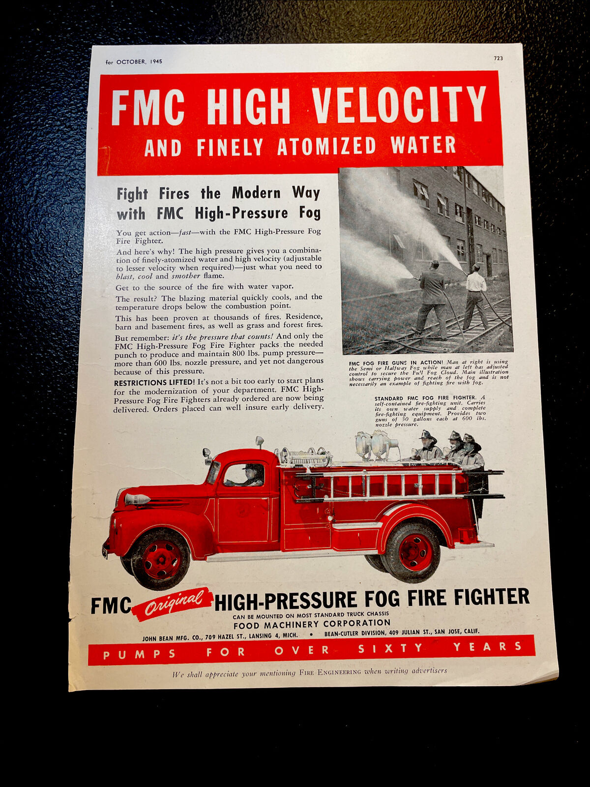 1945 Fmc Fire Truck Advertising - Lansing - Michigan / San Jose - California