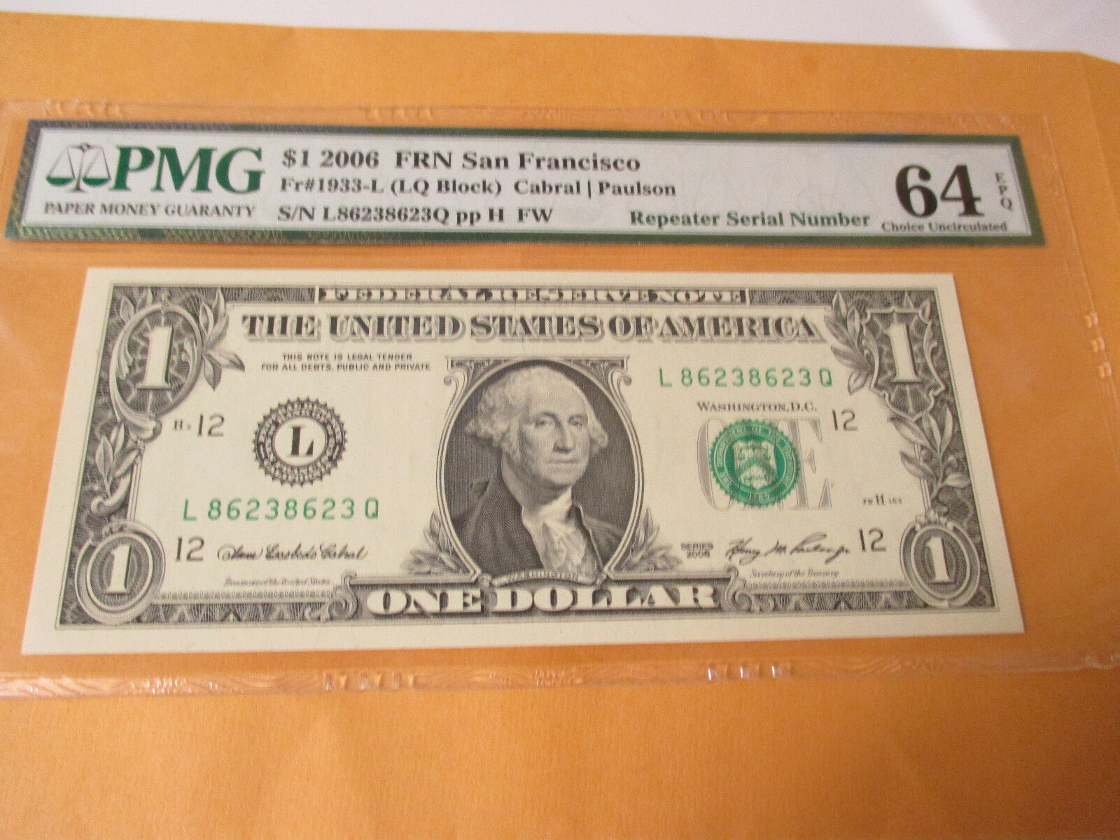 2006 $1 Federal Reserve Note Repeater Serial Number Pmg 64epq