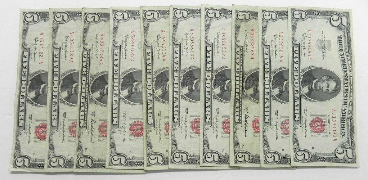 10 Circulated $5 Red Seal Five Dollar Legal Tender Notes: 1953 1963