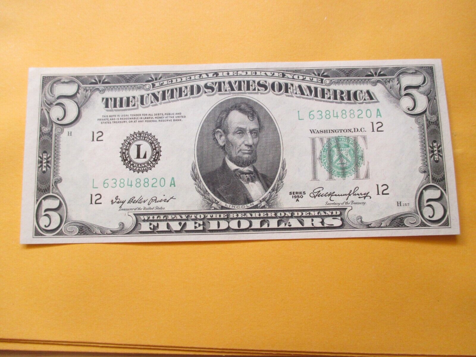 1950-a $5 Federal Reserve Note. Unc