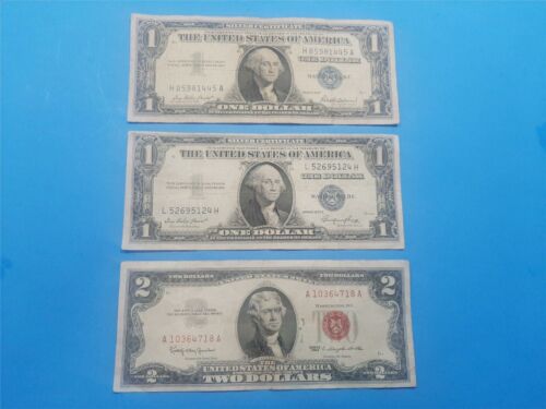3-u.s. Notes $1 1935 Silver Cert. $1 1957 Silver Cert. $2 1963 Legal Tend Vg/fn