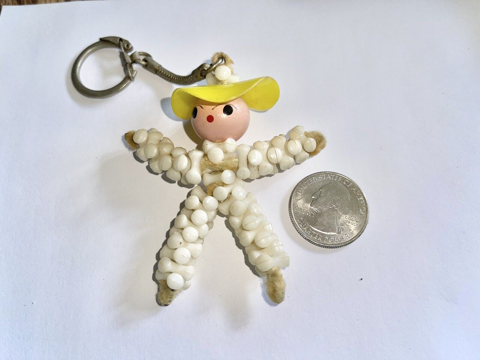 Vintage Plastic Bead Lady With Yellow Hat Key Chain