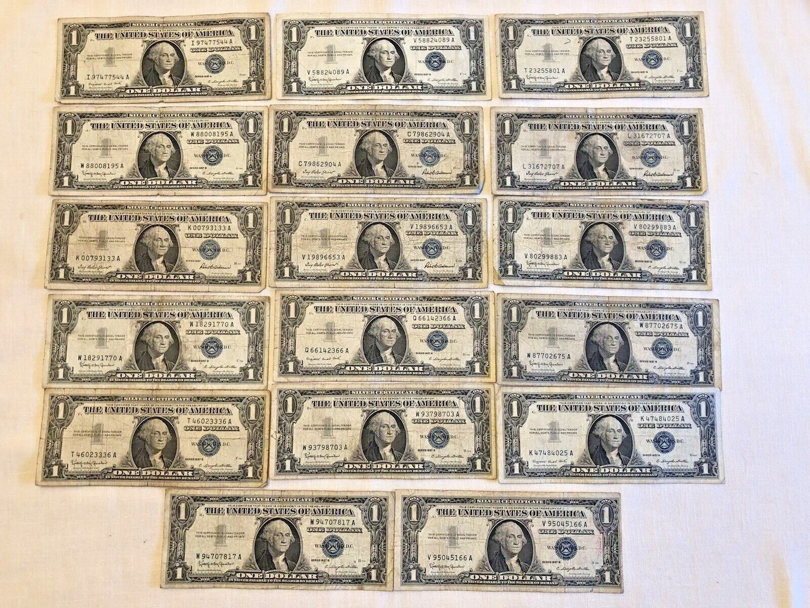Lot $17 Face $1 Old One Dollar Silver Certificate Us Bank Note Collection 1957