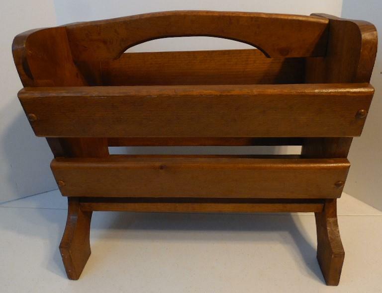 Stained Wood Magazine Newspaper Book Rack Holder With Colonial Paintings