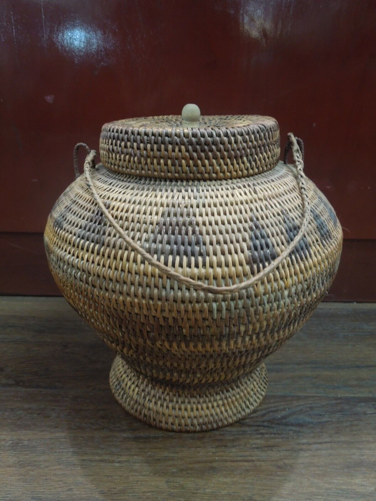 Q924 Antique Chinese Woven Rice Wedding Basket With Lid String Handle 10.5"h