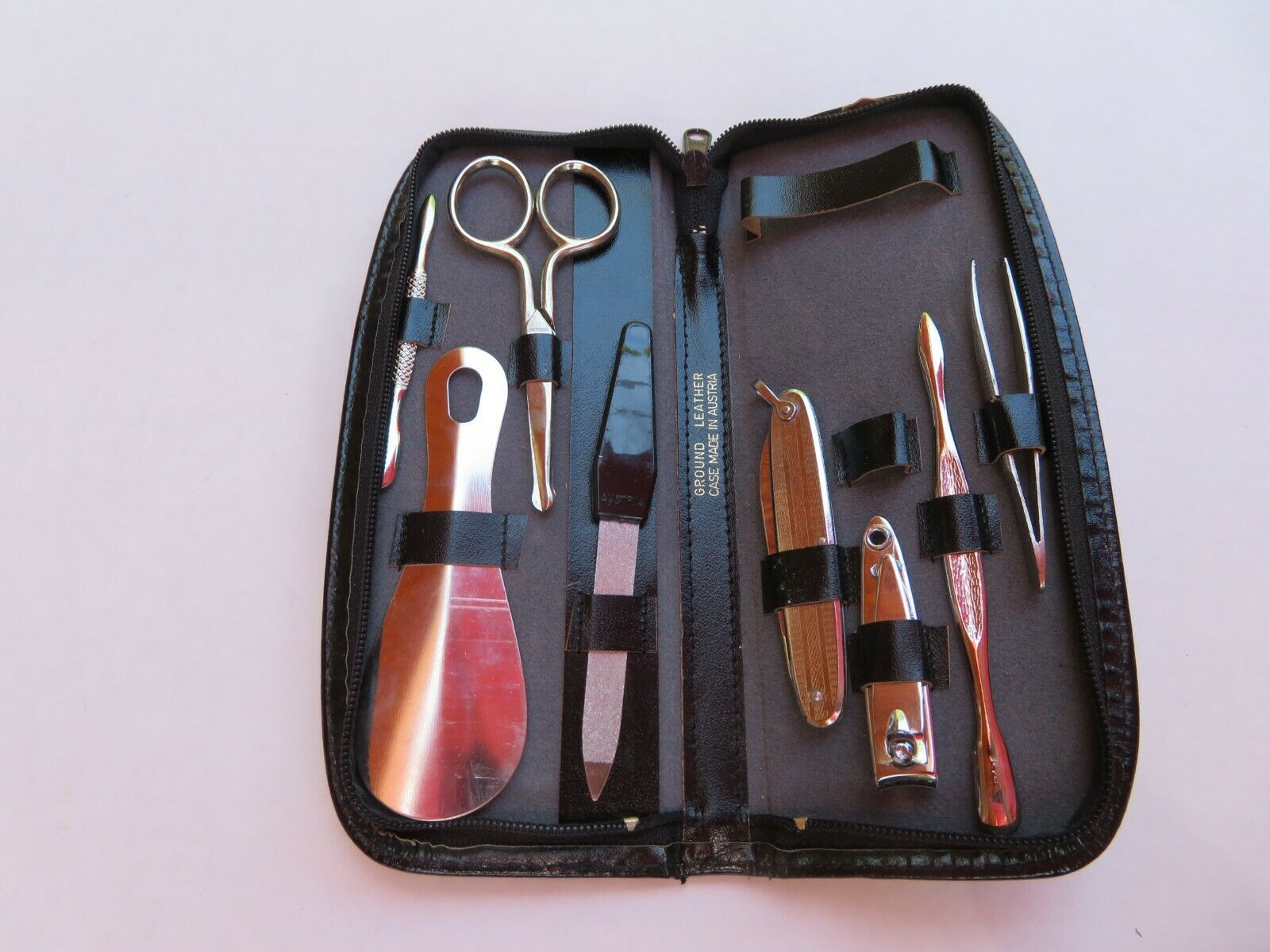 Vintage Travel Nail Kit Ground Leather Zippered Case Made In Austria
