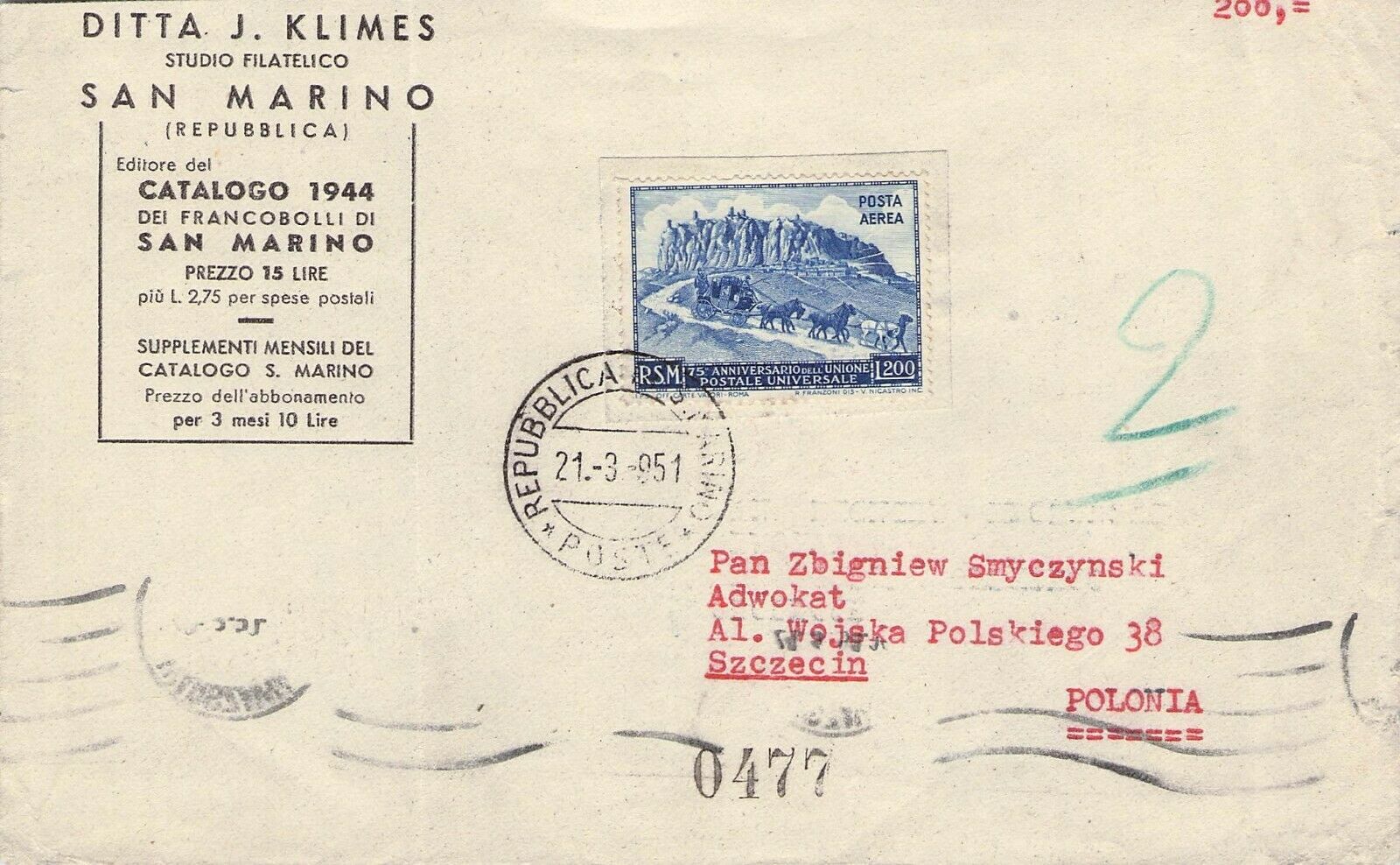 San Marino - Letter 1951 > Szczecin/poland