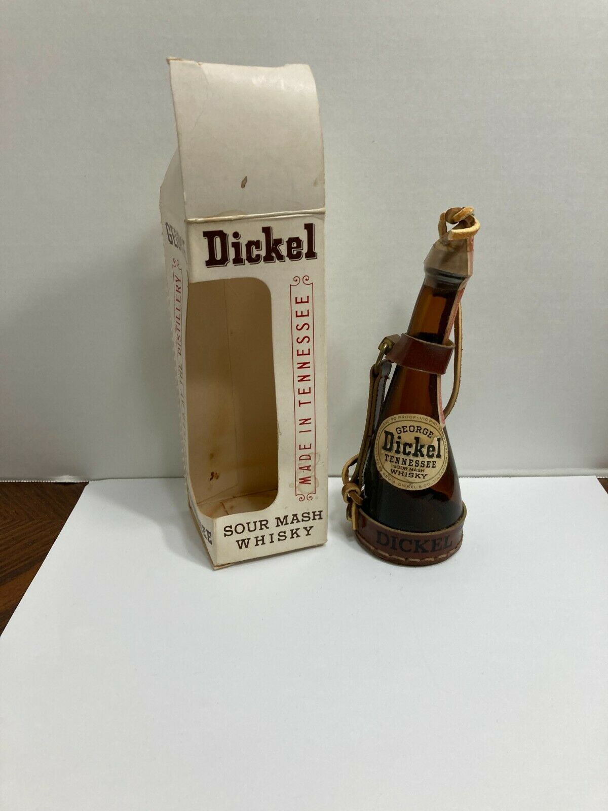 Vintage George Dickel  Mini Souvenir Powderhorn Bottle 1/10th Pint White Label
