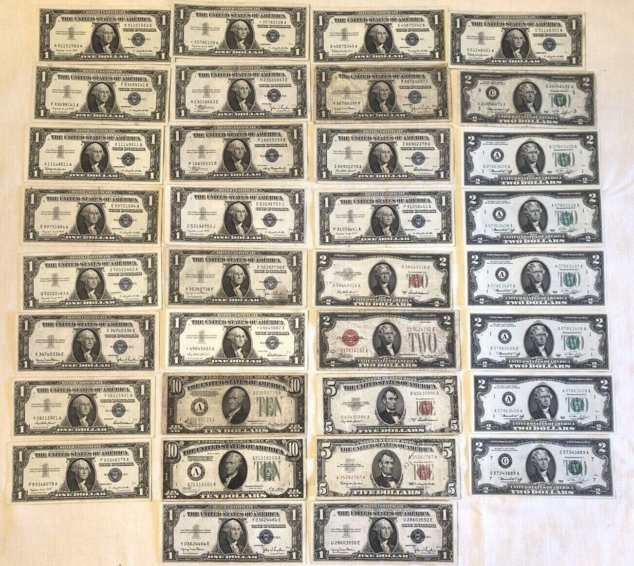 Lot $69 Face - 34 $1 Silver Certificate 2 5 $10 Us Bank Note Collection 1928-76